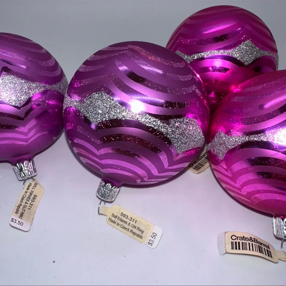 Vintage Crate&Barrel Pink Glass Christmas Ornaments Lot of 4 New Old Stock